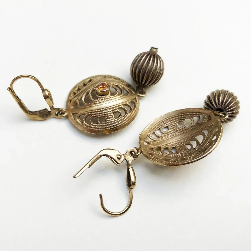 Gold filigree earrings dangle, fancy golden circle earrings